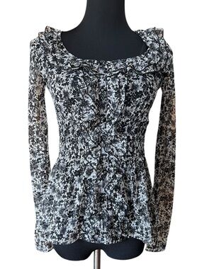 INC International Concepts Sheer Floral Ruffle Blouse Women’s Small Mesh Top